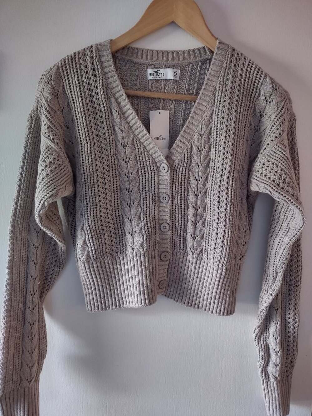 Hollister NWT XS Tan Knit Cardigan Sweater Cable Knit Button Front Boho Cropped